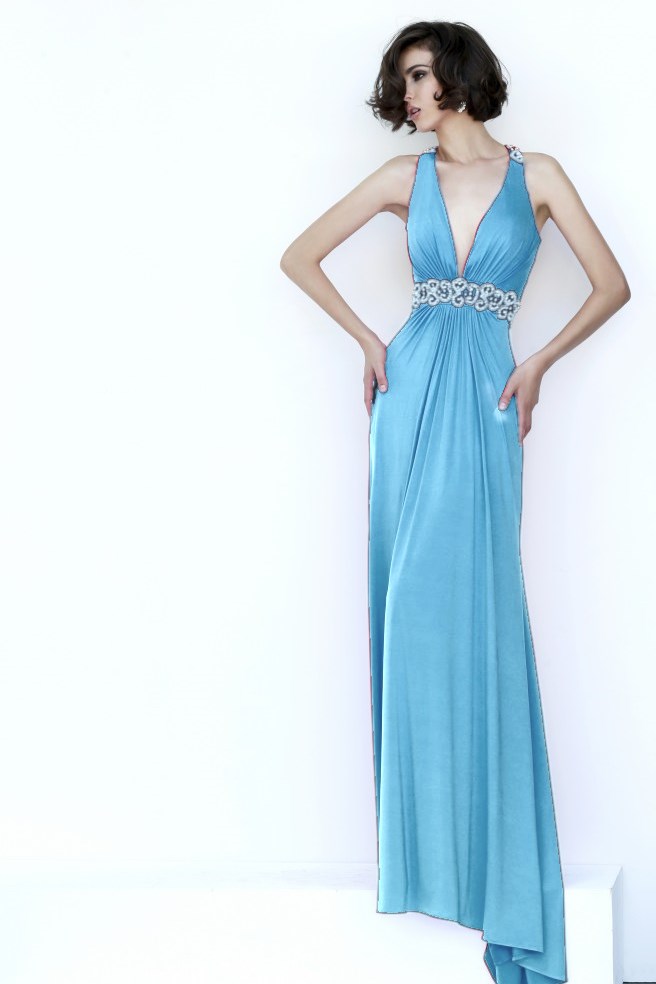 Backless Plunge Drape Gown Aqua  Haute on High