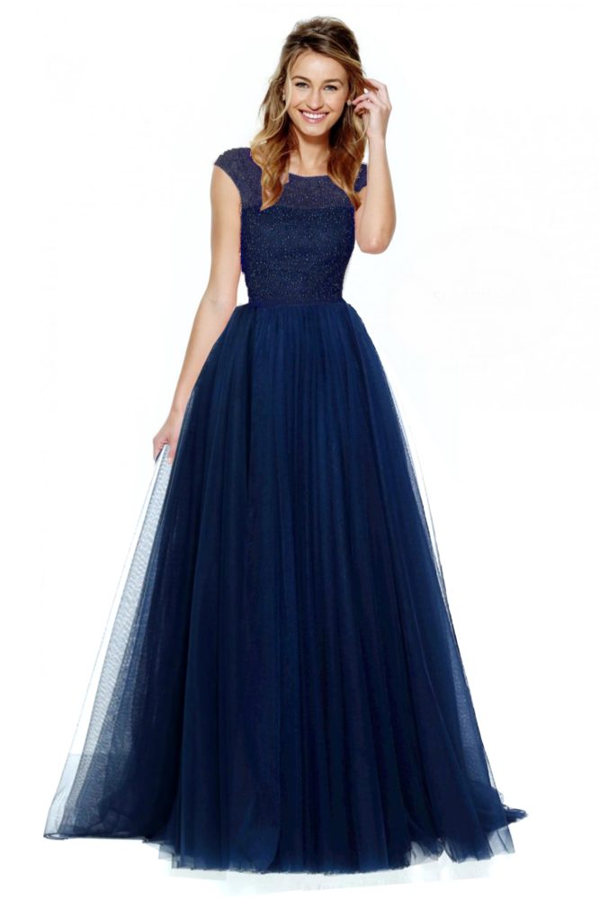 Bejewelled Cap Sleeve Illusion Gown Navy