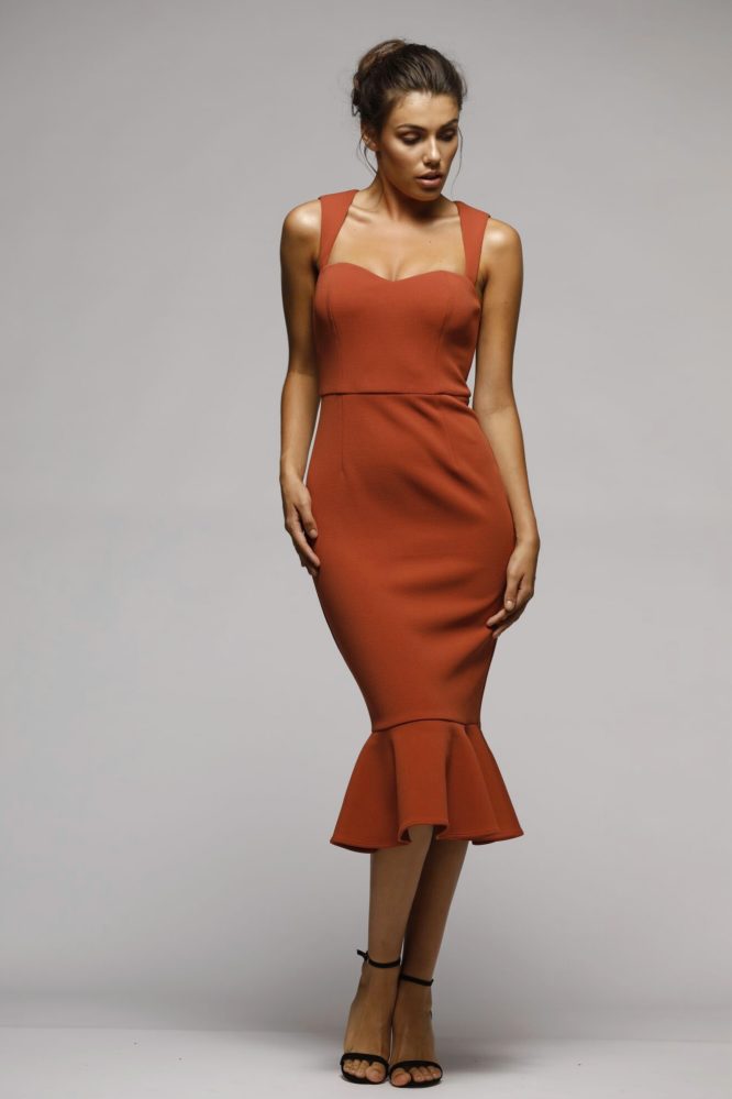 Sweetheart Midi Ruffle Dress Copper