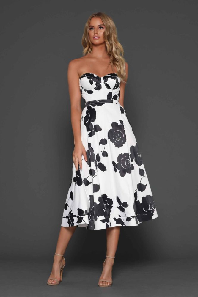 Sweetheart Bustier Fit and Flare Dress White Black Floral