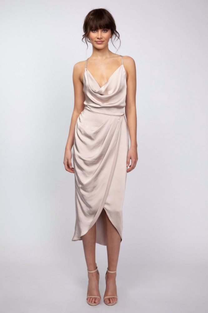 Draped Silky Cowl Neck Dress Champagne