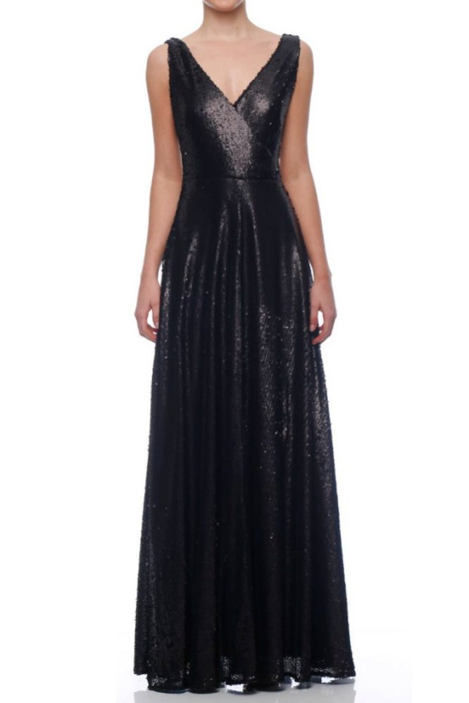 Sequin V Neck Crossover Gown Black