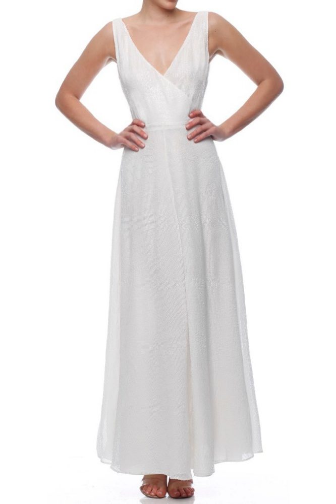 Sequin V Neck Crossover Gown White