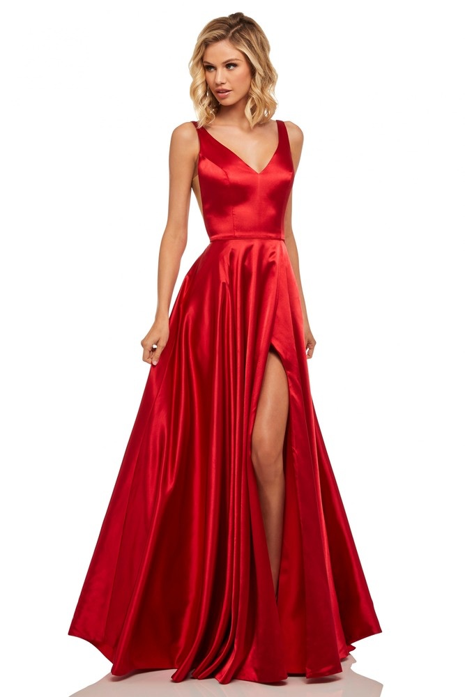 Satin V Sides Split Gown Red – Haute on High