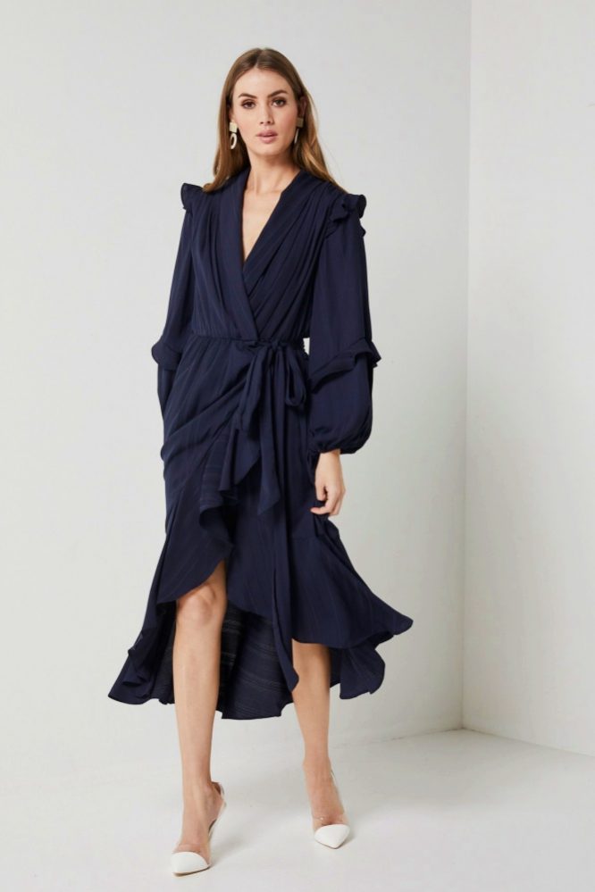 Long Sleeve Wrap Frill Dress Navy