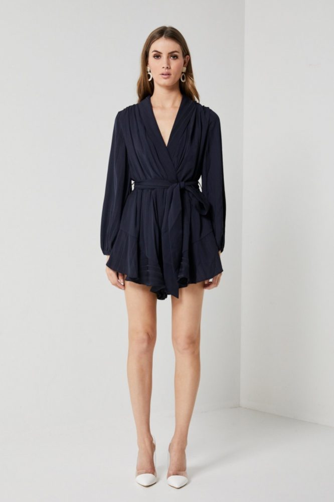 Long Sleeve Satin Robe Playsuit Navy