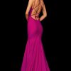 V Neck Slim Backless Stretch Satin Gown Berry - Image 2