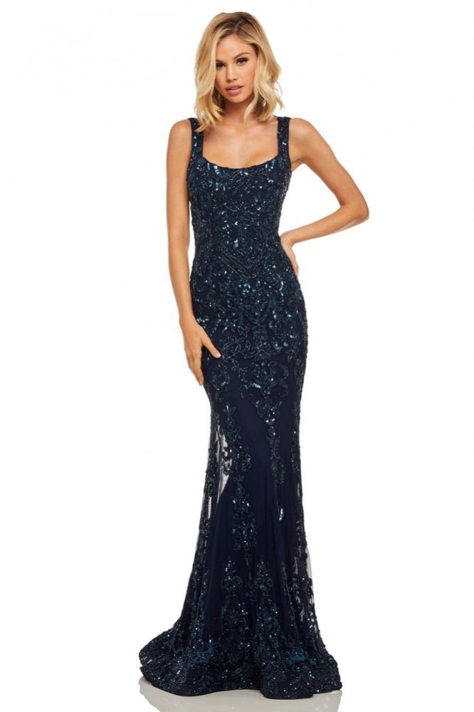 Backless Square Neckline Sequin Gown Navy