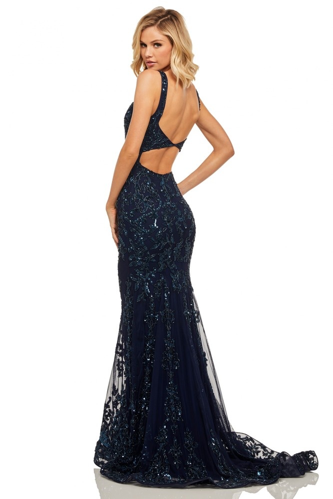 Backless Embellished High Neck Gown Navy – Haute on High