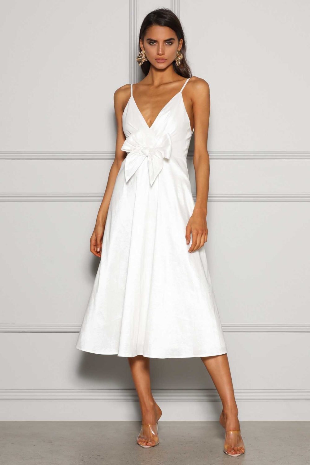 Fit and Flare Bow Midi Dress White – Haute on High