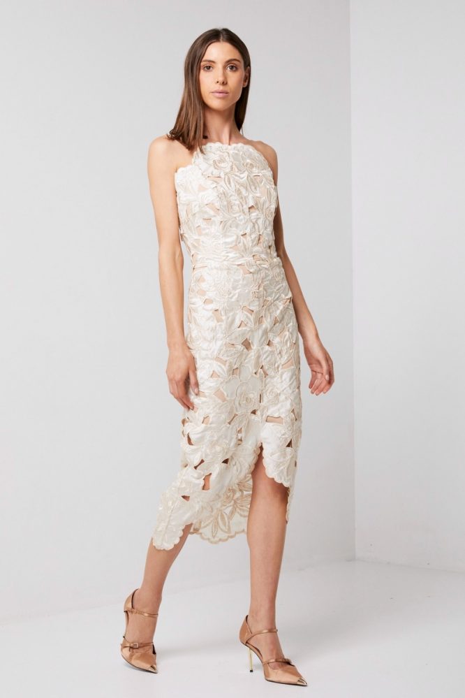 Embossed Lace Peaked Strapless Dress Champagne